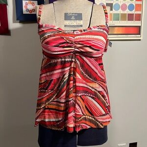 Croft & Barrow Sz 14 Tankini Top Red & Orange Printed Removable Straps